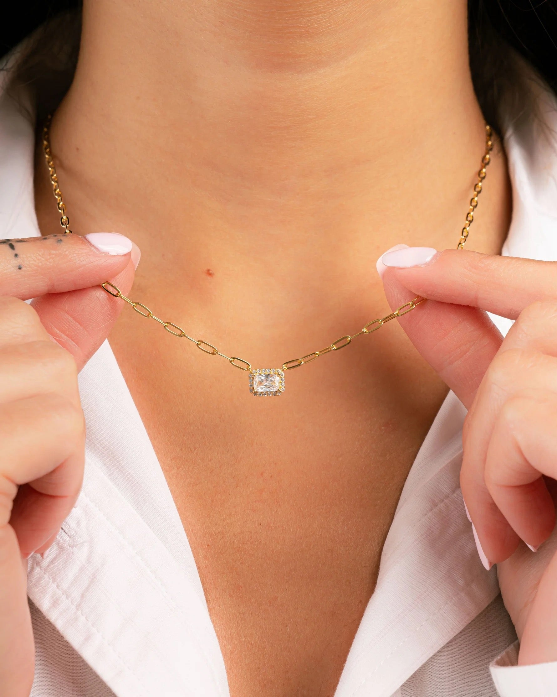 Halo Baguette Necklace W/ Paperclip Chain